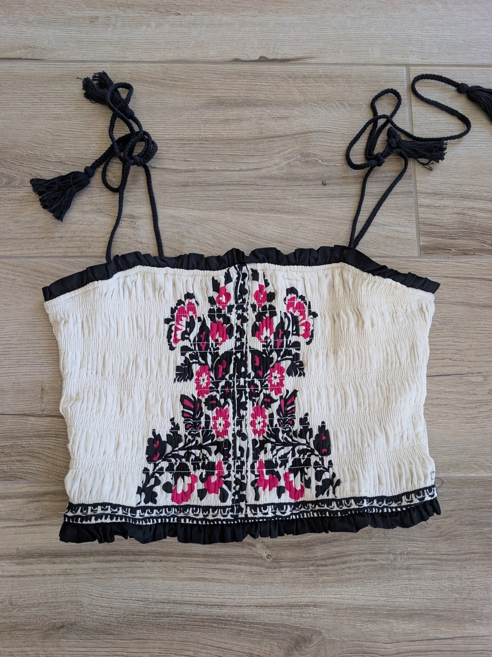 Blue Rain Black & Ivory Smocked Crop Top with Pink Embroidery